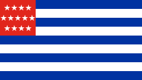 9 blue-white stripes, red canton, 13 white stars