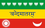 green-yellow-red, 8 white flowers, blue Hindi writing, white sun and moon