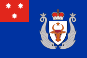blue, red canton, three white 8-pointed stars, coat of arms