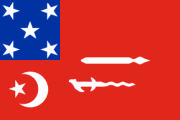 red, white crescent and star, swords, and 5 white stars in a blue canton