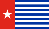 13 blue-white stripes, thick red stripe along the left edge, white star